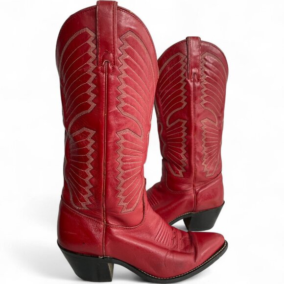 Texas Red Leather Western Cowboy Cowgirl Boots Women's 6.5 M - Picture 1 of 14